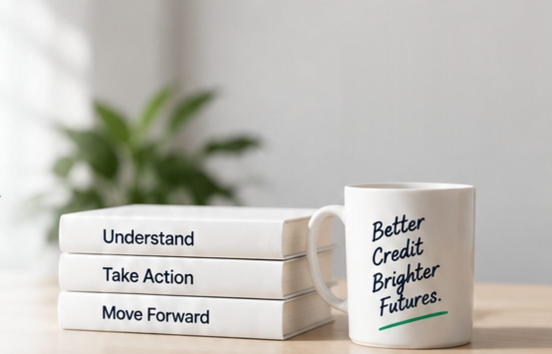 Books labeled Understand, Take Action, Move Forward beside a mug