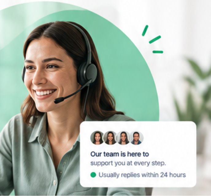 Smiling support agent wearing a headset